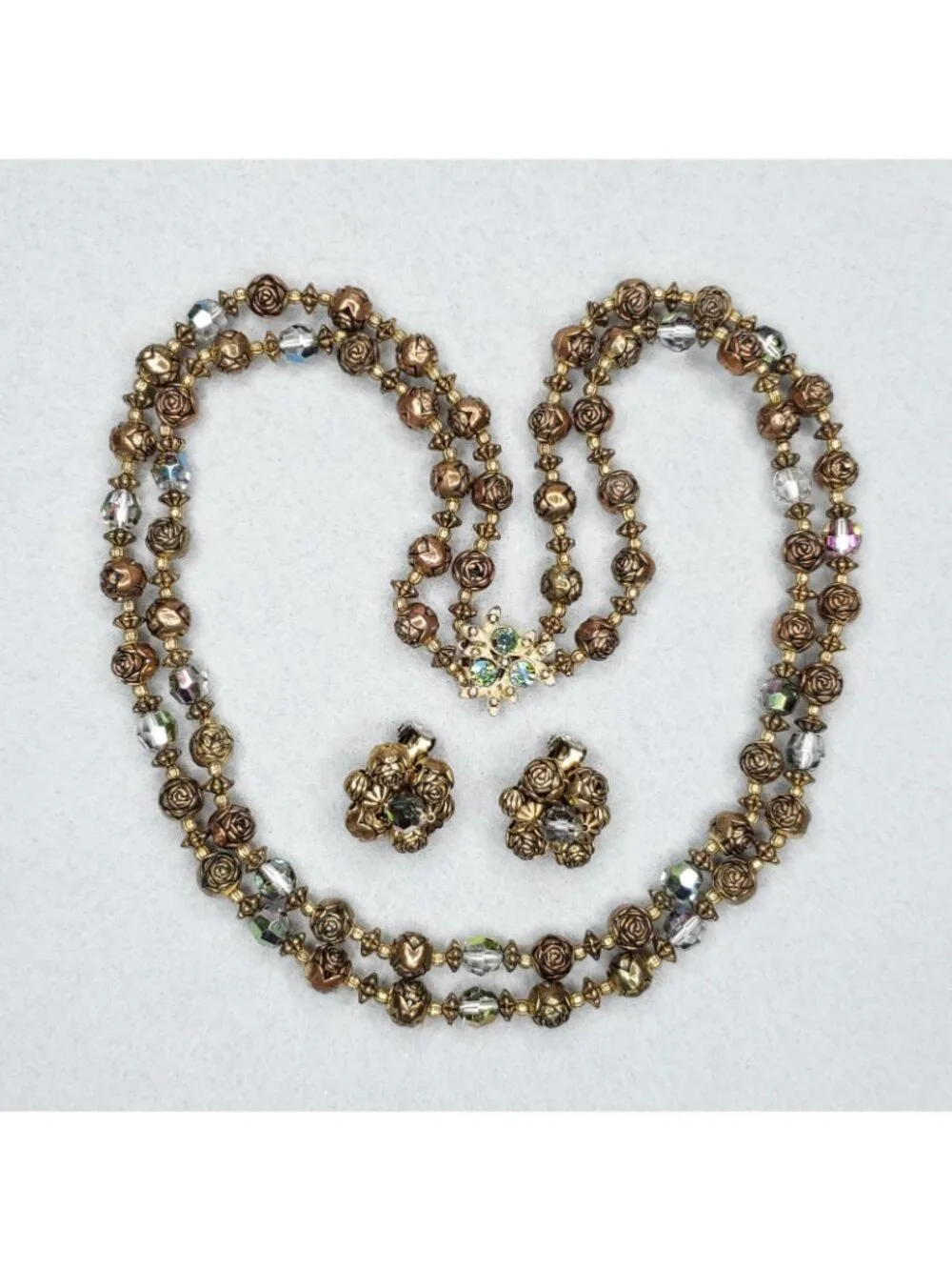 Vintage Beaded Necklace Clip On Earring Set Copper Gold Tone Rosebud 21